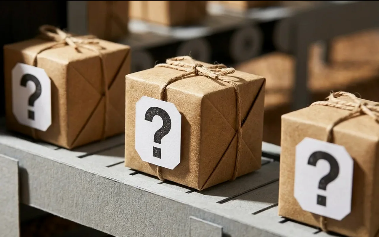 Three paper-wrapped parcels tied with string sit on a grey conveyor, each tagged with a white card printed with a question mark.