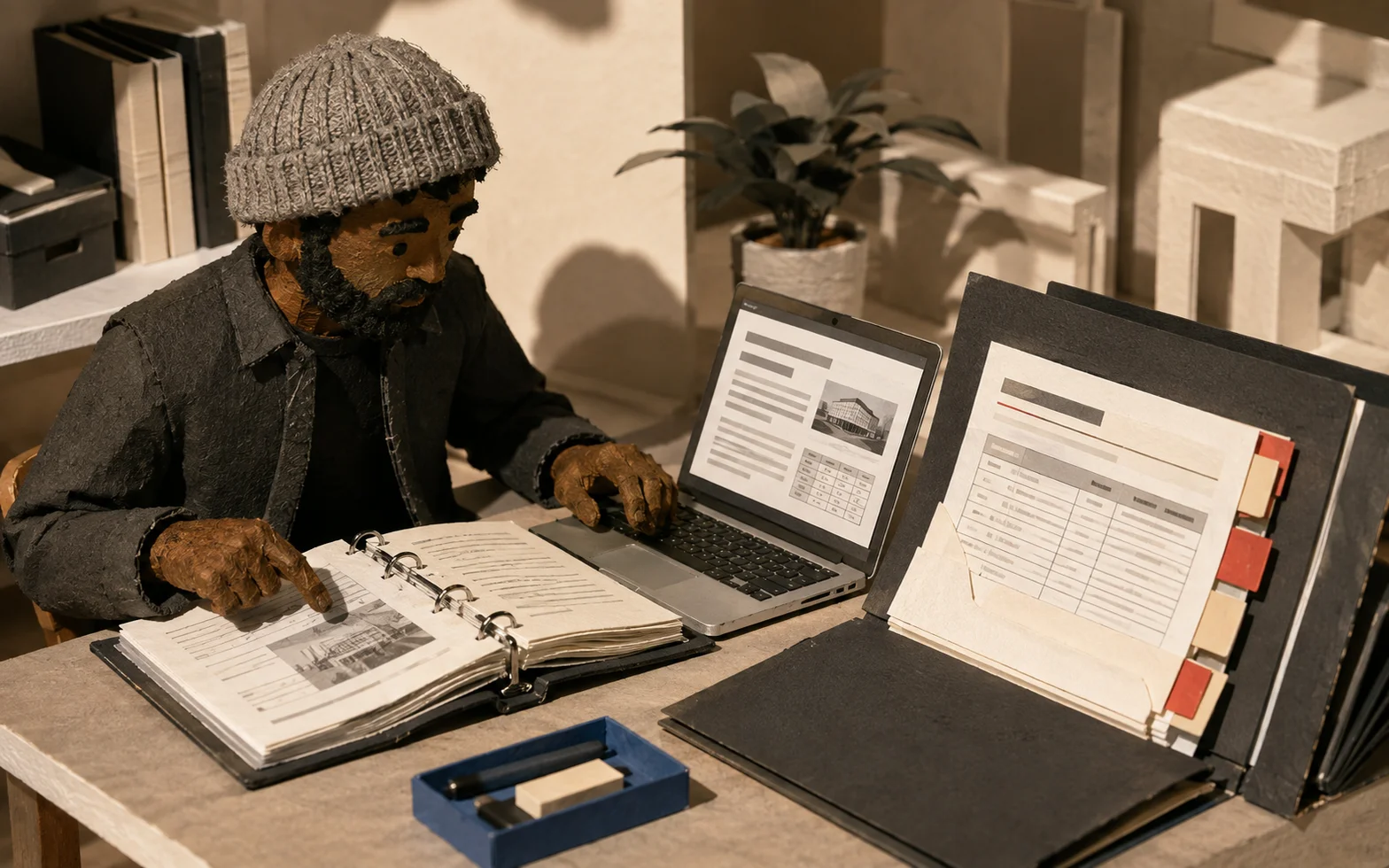 Paper-craft Fred checks an open source binder against a laptop document beside a tabbed bid folder and cost sheet.