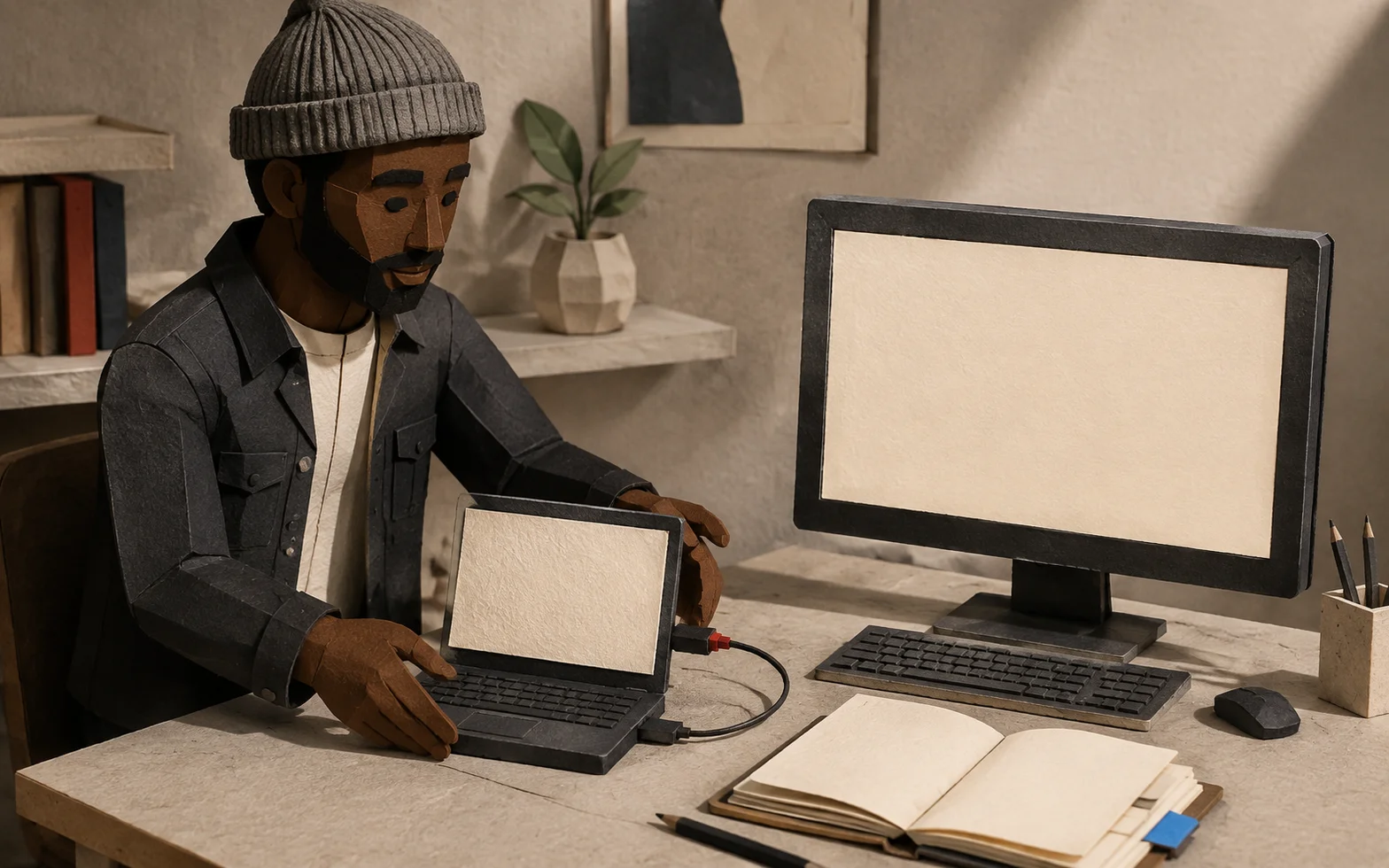 Paper-craft Fred connects a second laptop to an existing desktop setup beside an open project notebook.