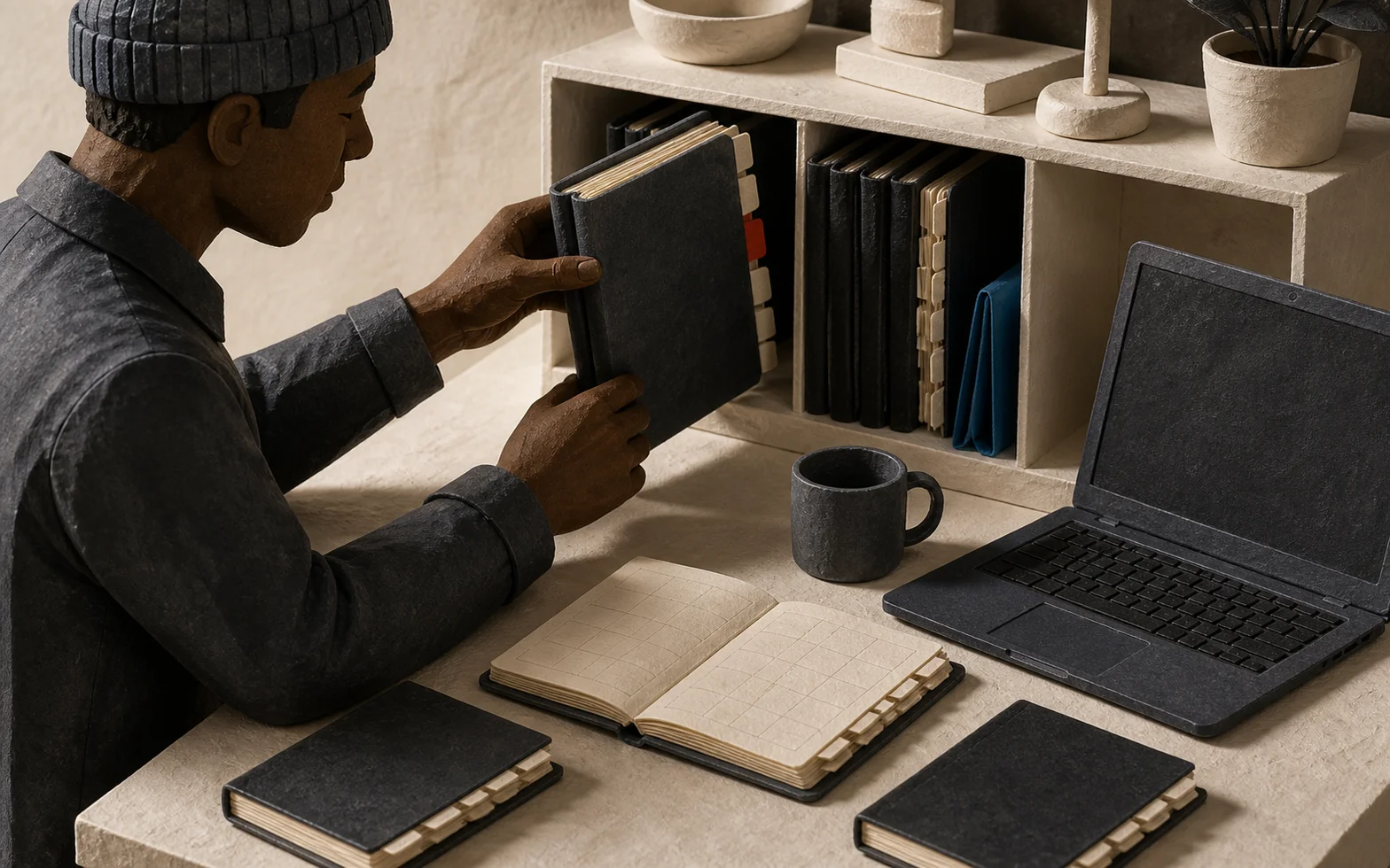 Paper-craft Fred organises tabbed project notebooks on a shelf beside a laptop and open index notebook.