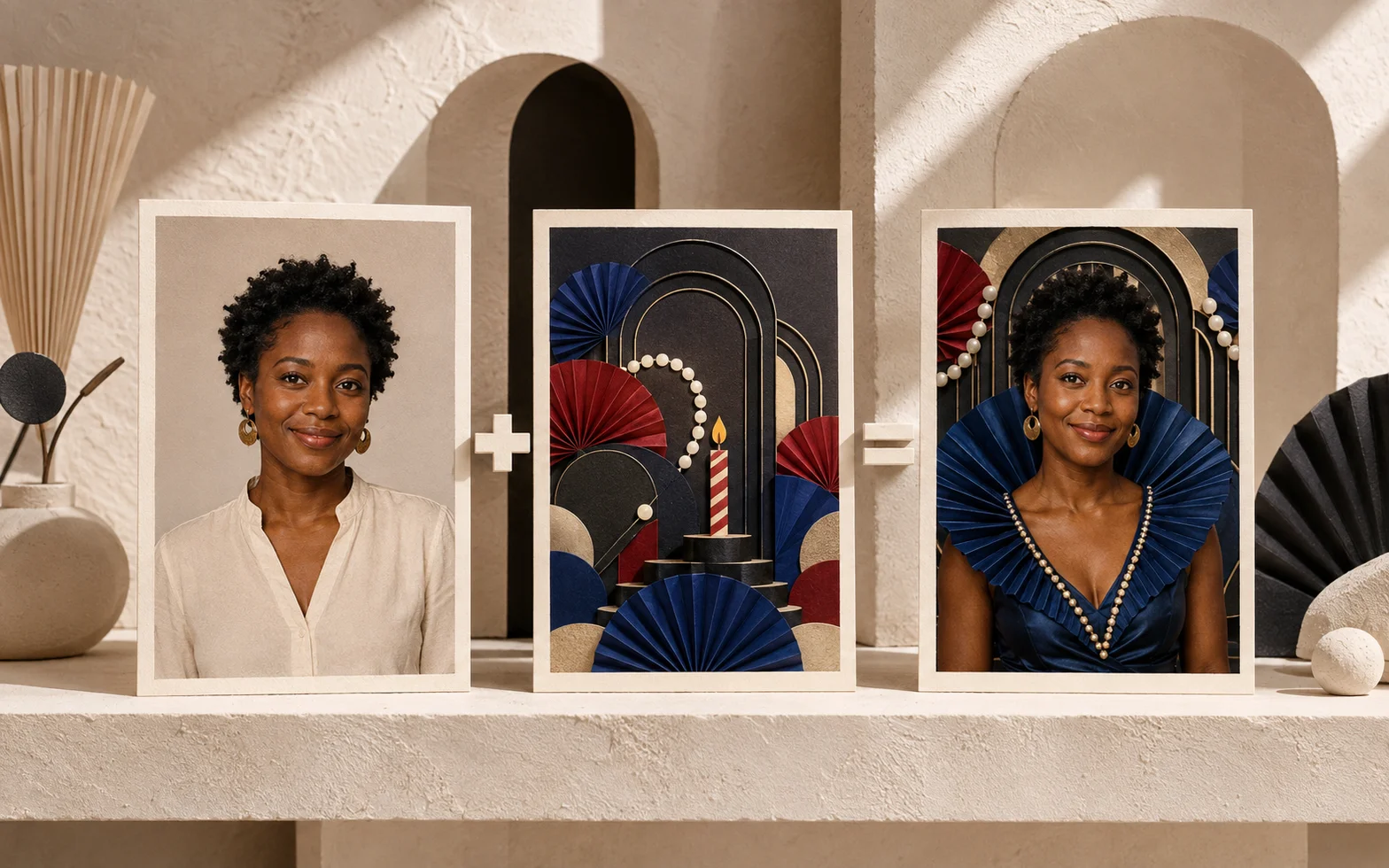 An everyday portrait, a party-theme mood board, and a portrait of the same guest dressed to match the theme.