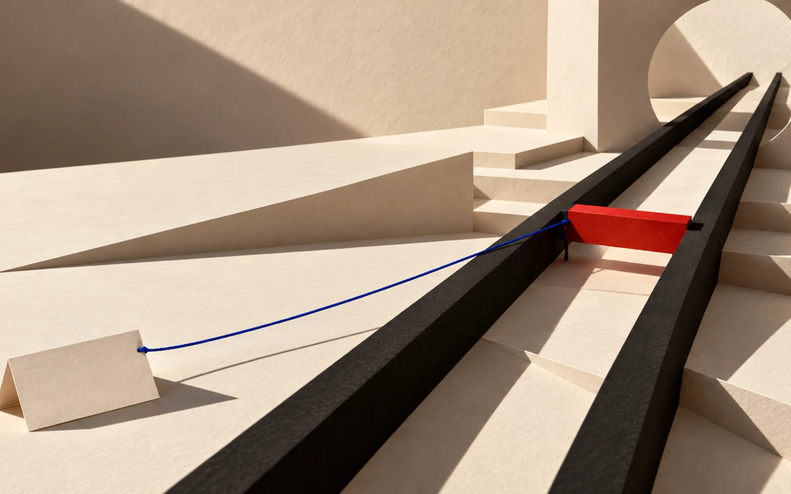 Two black paper rails run across a warm paper set toward an arch, with a red gauge block wedged between them and a blue thread tied to a blank paper card.