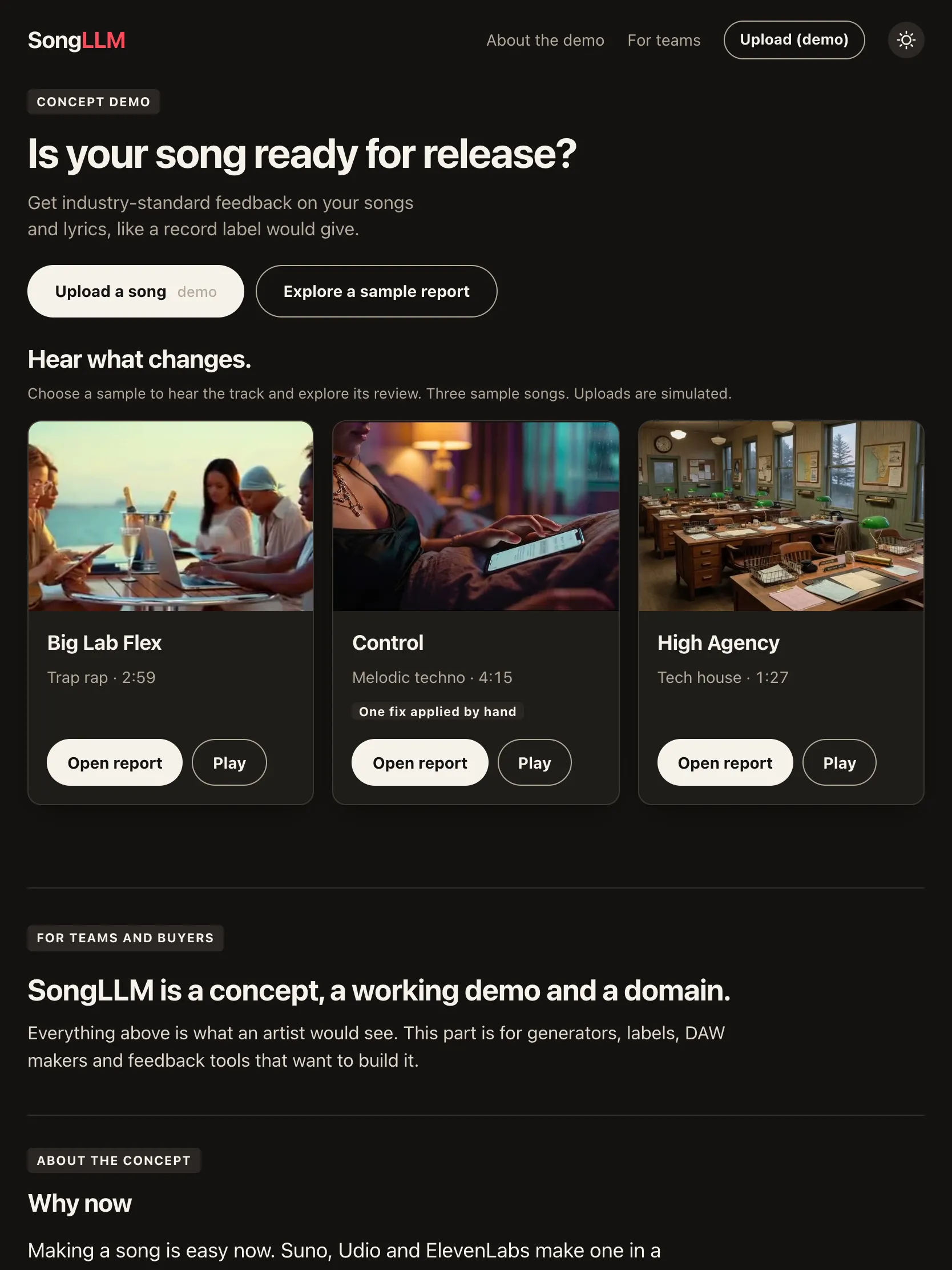 The same SongLLM page on a tablet, with the three sample tracks side by side.