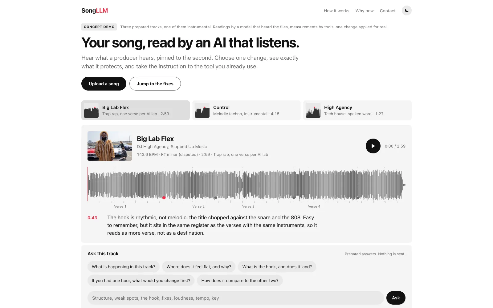 The SongLLM page, showing a note about the mix pinned to a point in the song waveform.