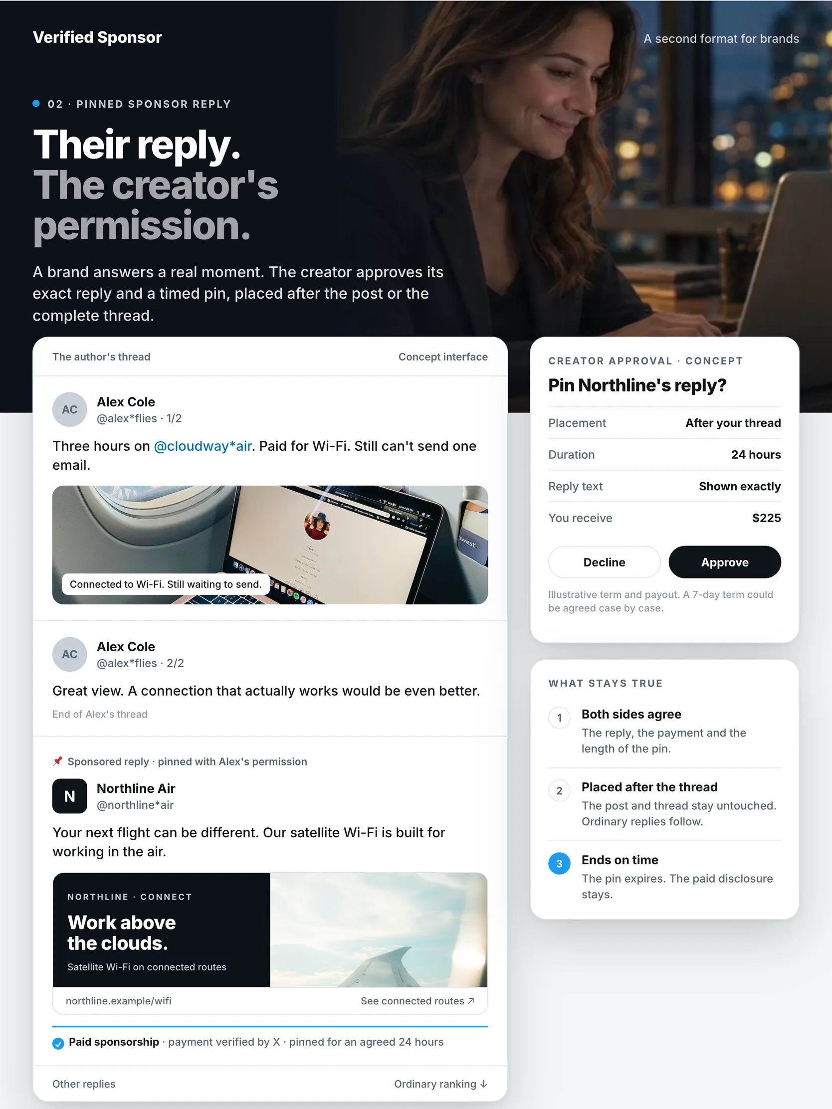 The second page on a tablet: a fictional airline's reply pinned with the creator's permission, beside the creator's approval screen.