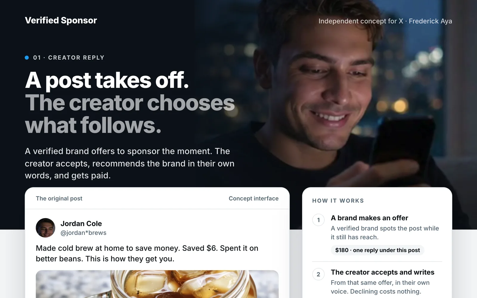 The concept's first page on a laptop: A post takes off. The creator chooses what follows, beside a fictional creator smiling at his phone.