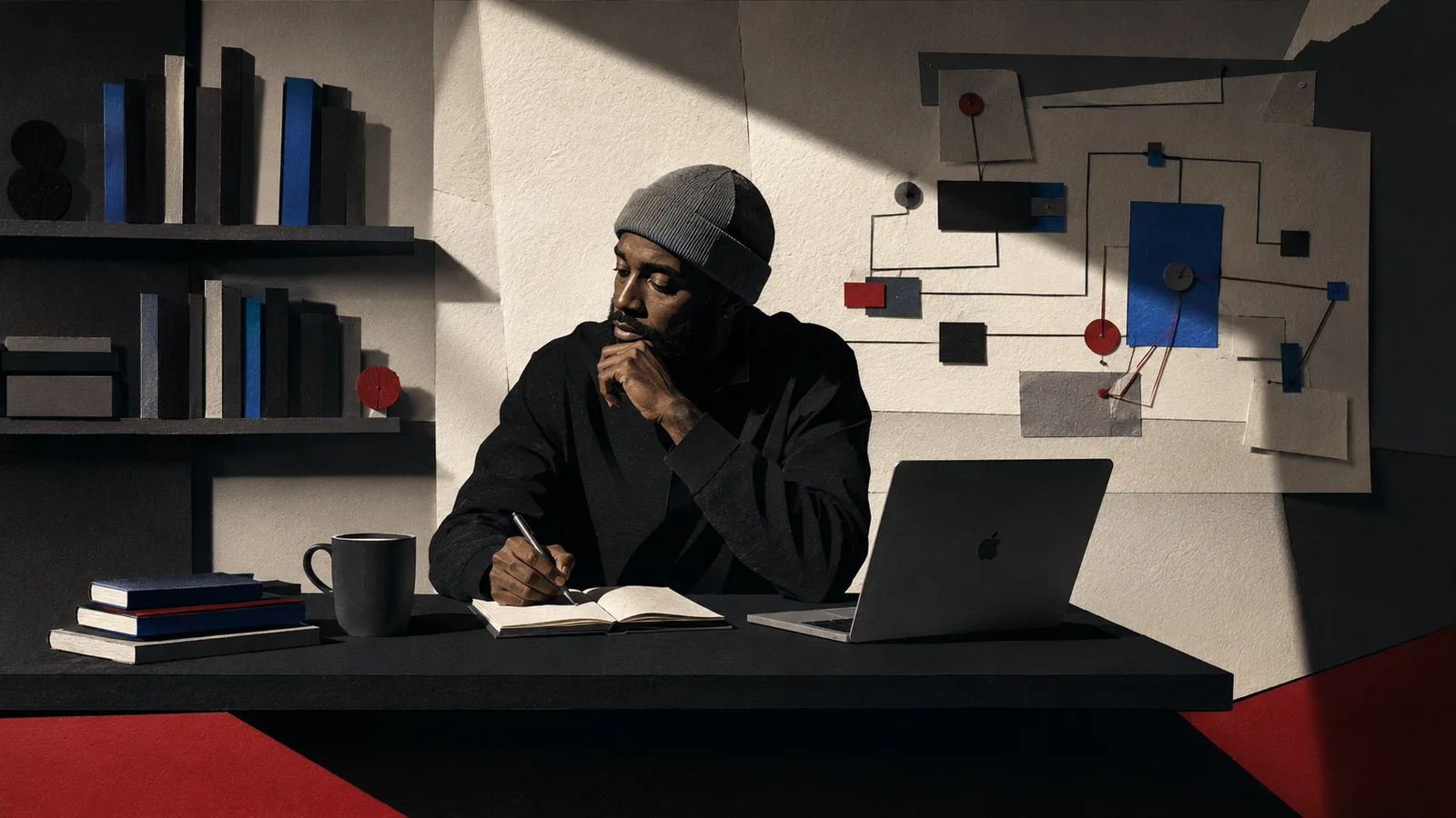 Fred seated at a desk in a paper-craft studio, writing in a notebook beside an open laptop, with a pinned diagram on the wall behind him.