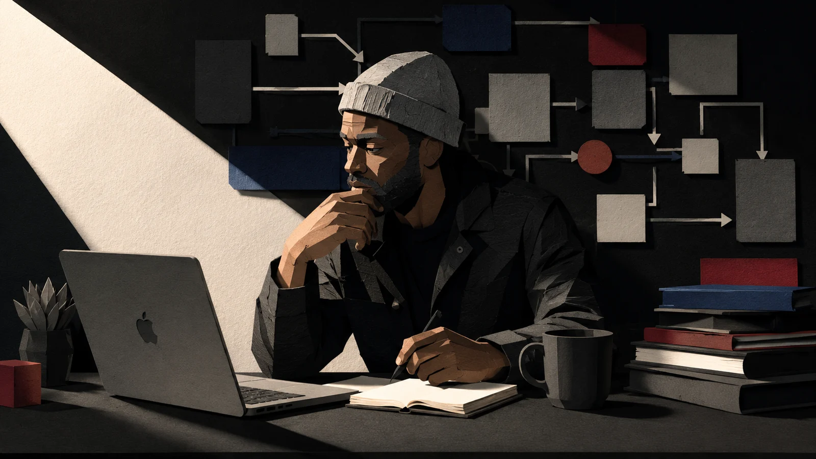 A paper-craft scene: Fred sits at a desk with a laptop and an open notebook, working under a hard shaft of light, with a wall-sized flow diagram of connected boxes and arrows behind him.